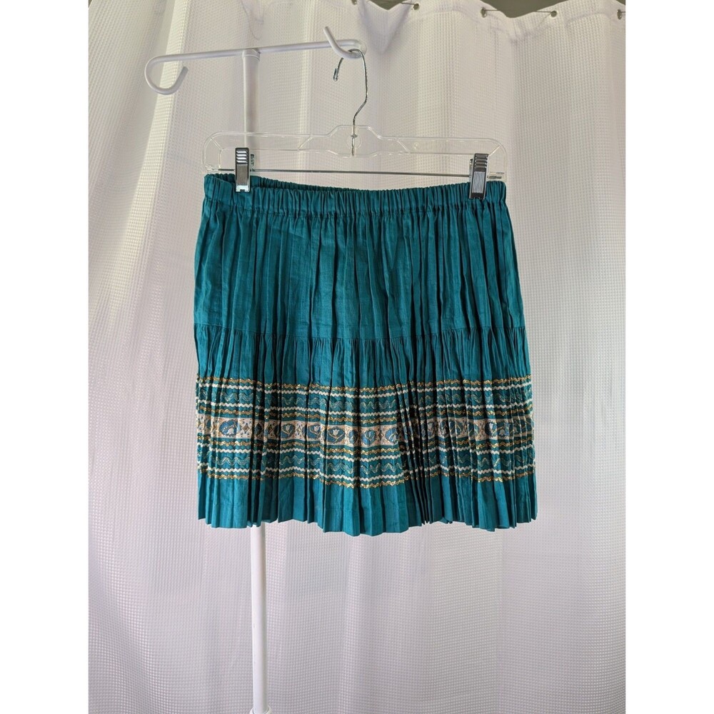 Vintage 1960's Crinkle Pleated Skirt Mini Elastic Waist Turquoise Teal (N12)